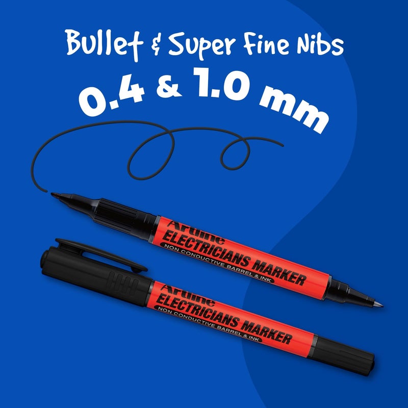 Artline Electricians Markers | Twin-Nib | Professional Series | Non-Conductive Ink & Barrel | EKPR-ELFT | 0.4mm Fine/1.0 Bullet Tips | Pack of 12 | Black - Image 4